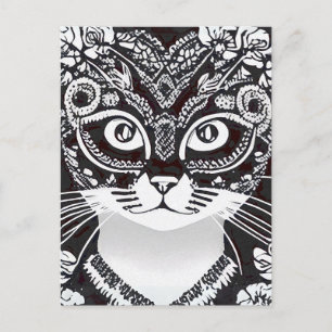 Carte Postale Chat dans un Masque Mardi Gras noir et blanc