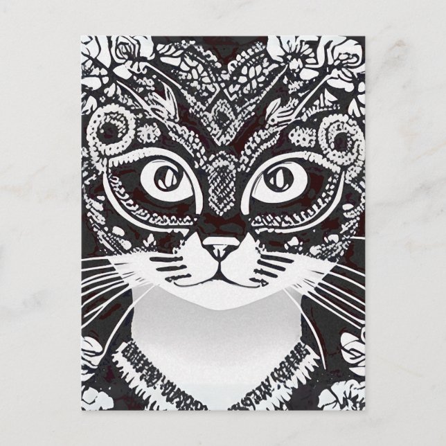 Carte Postale Chat dans un Masque Mardi Gras noir et blanc (Devant)