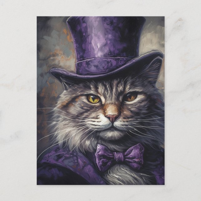 Carte Postale Chat dans un Tophat pourpre Vintage (Devant)