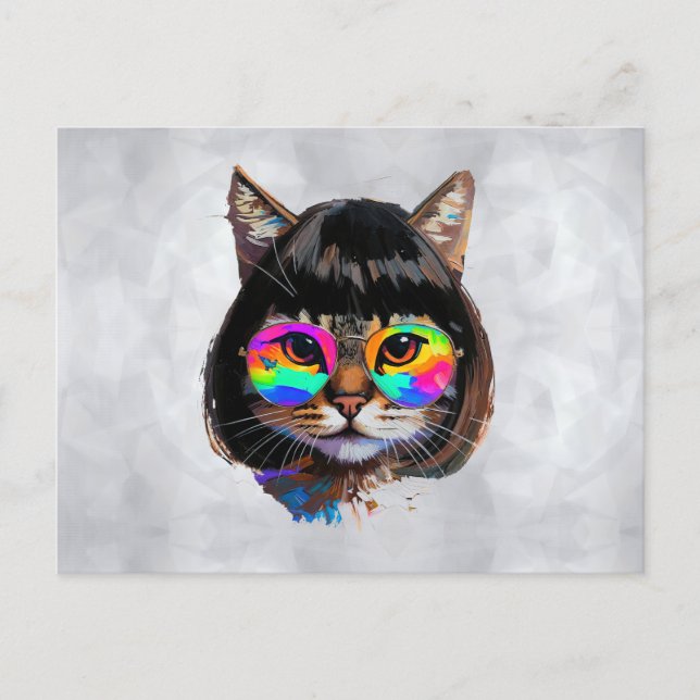 Carte Postale Chat dans une perruque + Lunettes de soleil (Peint (Devant)
