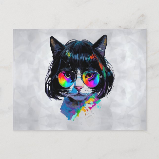 Carte Postale Chat dans une perruque + Lunettes de soleil (Peint (Devant)