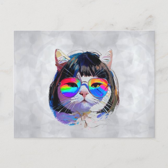 Carte Postale Chat dans une perruque + Lunettes de soleil (Peint (Devant)
