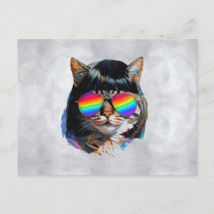 Carte Postale Chat dans une perruque + Lunettes de soleil (Peint