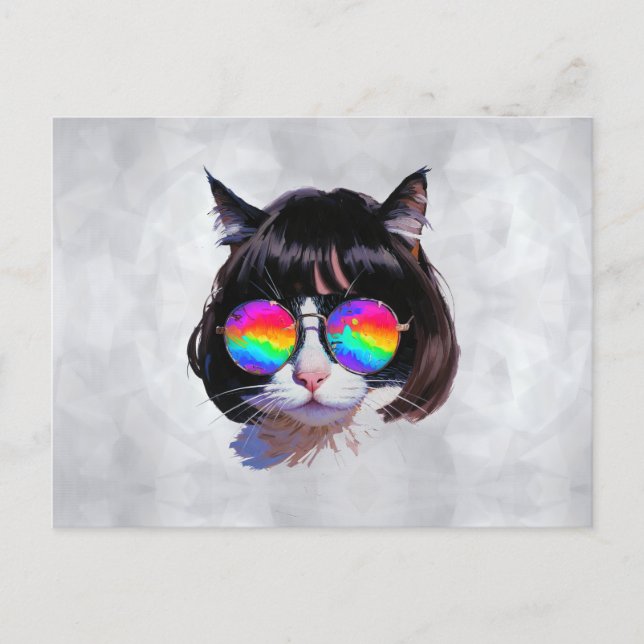 Carte Postale Chat dans une perruque + Lunettes de soleil (Peint (Devant)