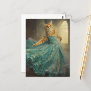 Carte Postale Chat dans une robe bleue et la danse