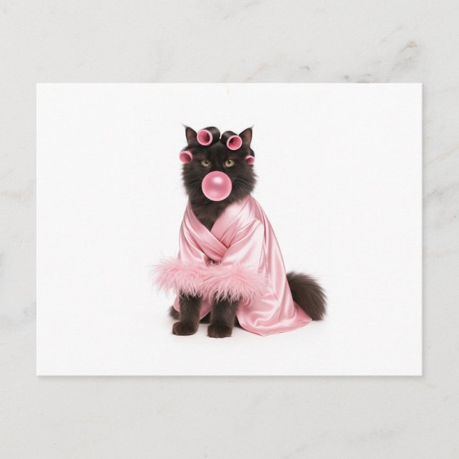 Carte Postale Chat dans une robe rose avec bigoudis et bubble-gu (Devant)
