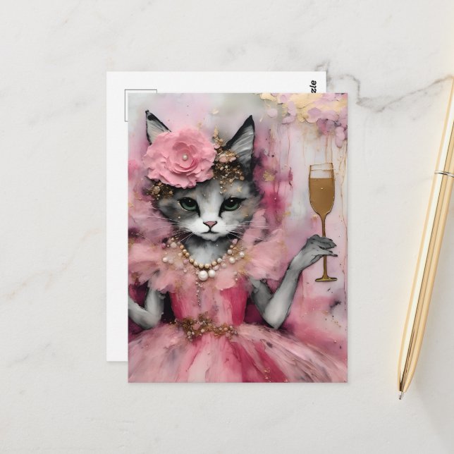 Carte Postale Chat dans une robe rose avec un verre d'or (Devant/Arrière en situation)