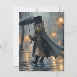 Carte Postale Chat Dapper se promener dans la pluie avec un para
