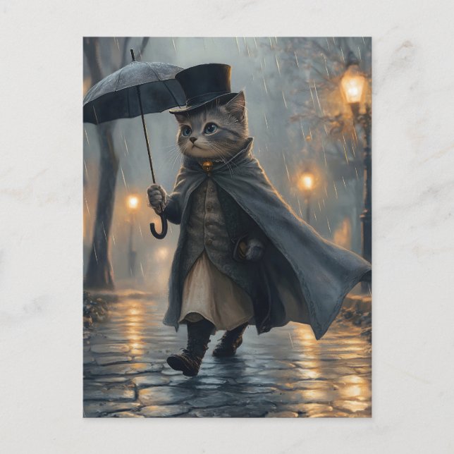 Carte Postale Chat Dapper se promener dans la pluie avec un para (Devant)