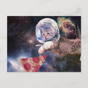 Carte Postale Chat d'astronaute chassant une tranche de pizza