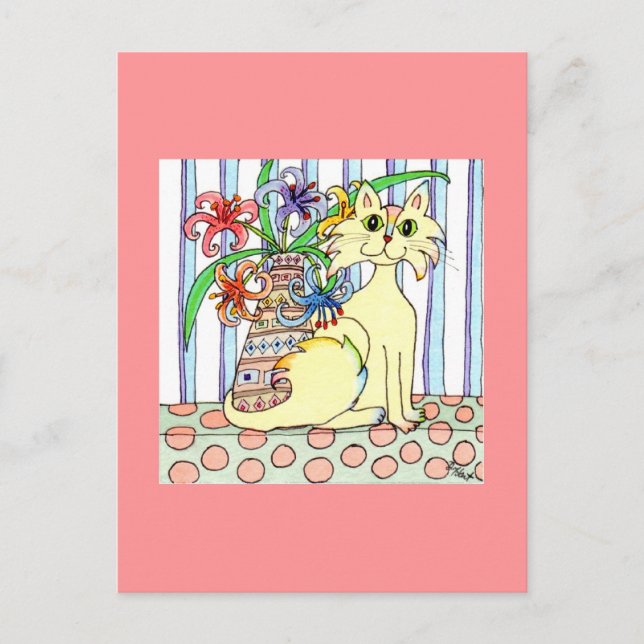 Carte Postale Chat de couleur crème avec des lys Pastel (Devant)