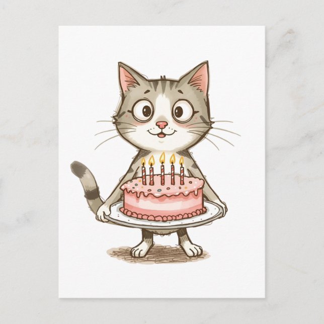 Carte Postale Chat de dessin animé avec gâteau d'anniversaire (Devant)