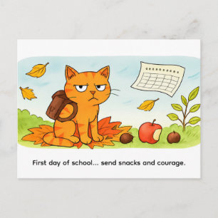 Carte Postale Chat de dessin animé grincheux rentrant à l'école
