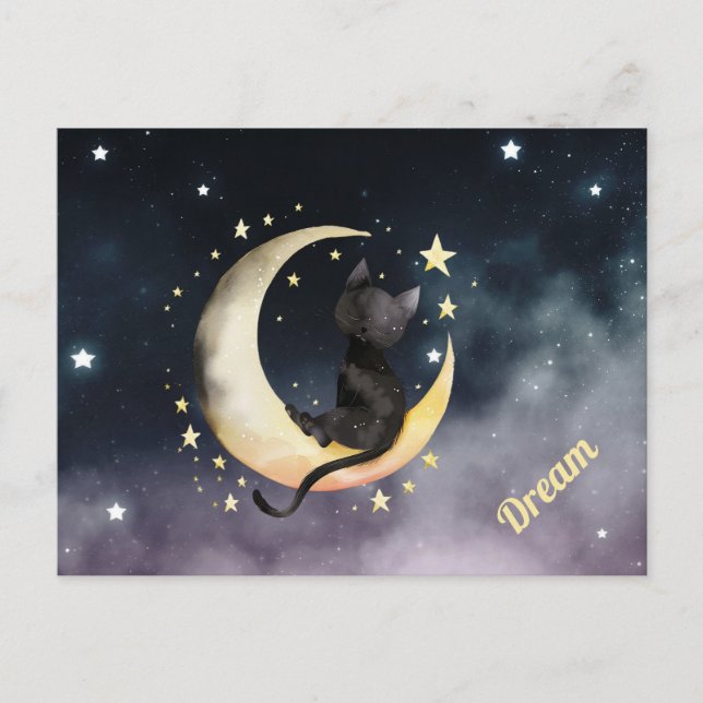Carte Postale Chat de dessin animé mignon sur la lune (Devant)