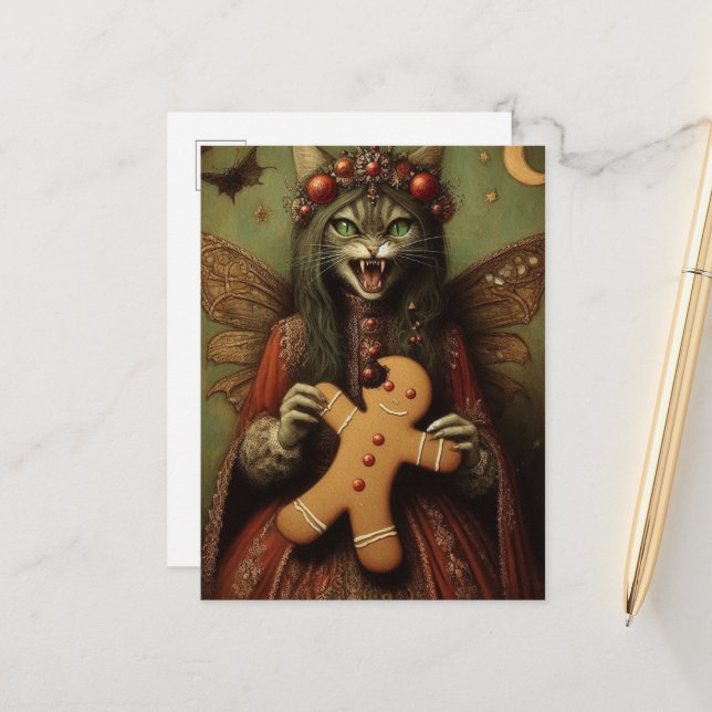 Carte Postale Chat de Fée Vampire de Noël Avec Du pain d'épices (Devant/Arrière en situation)