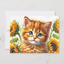 Chat De Gingembre Avec Fleurs De Soleil Aquarelle
