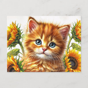 Carte Postale Chat De Gingembre Avec Fleurs De Soleil Aquarelle