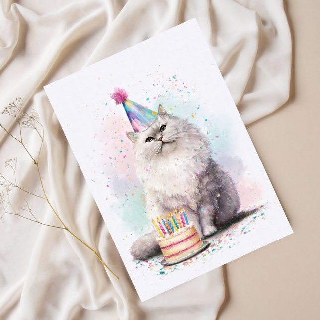 Carte Postale Chat de joyeux anniversaire blanc et duveteux – Ch (Créateur téléchargé)