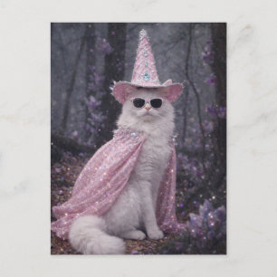 Carte Postale Chat de magicien magique en cape et chapeau rose s