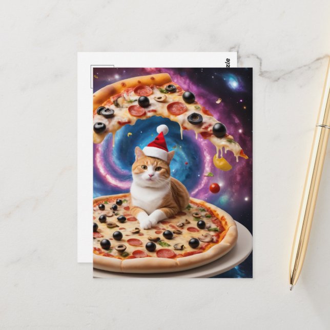 Carte Postale Chat de Noël à la pizza de Noël (Devant/Arrière en situation)