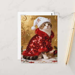 Carte Postale Chat de Noël adorable en costume de Père Noël Cart
