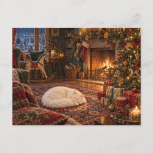 Carte Postale Chat de Noël Cozy Endormi Près de la Cheminée