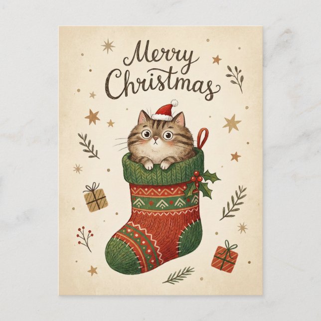 Carte Postale Chat de Noël dans une chaussette (Devant)