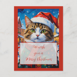Carte Postale Chat de Noël festif avec chapeau de Père Noël