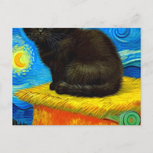 Carte Postale Chat de nuit étoilée de style Van Gogh