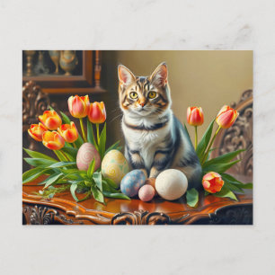 Carte Postale Chat de Pâques avec oeufs et tulipes