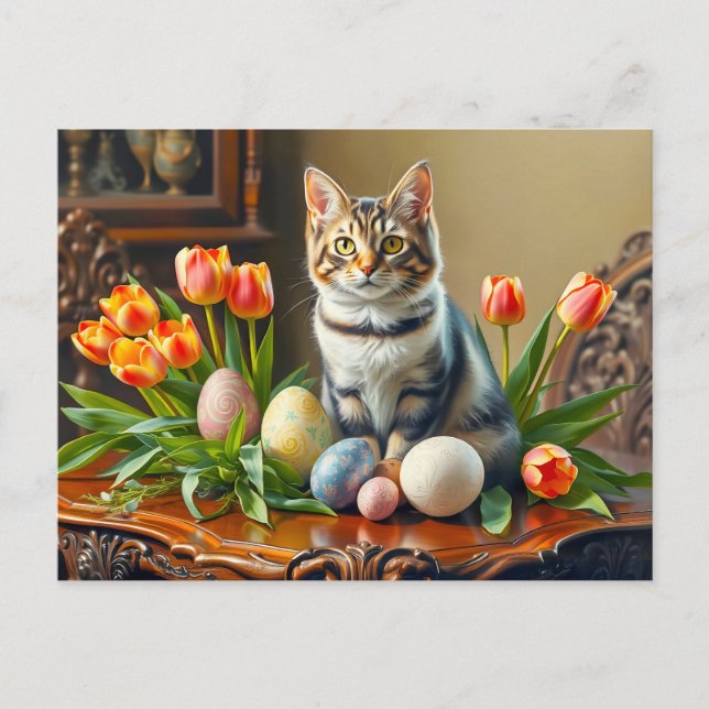 Carte Postale Chat de Pâques avec oeufs et tulipes (Devant)