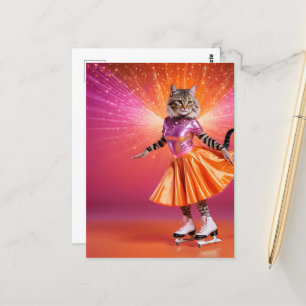 Carte Postale Chat de patinage sur glace adorable en rose orange