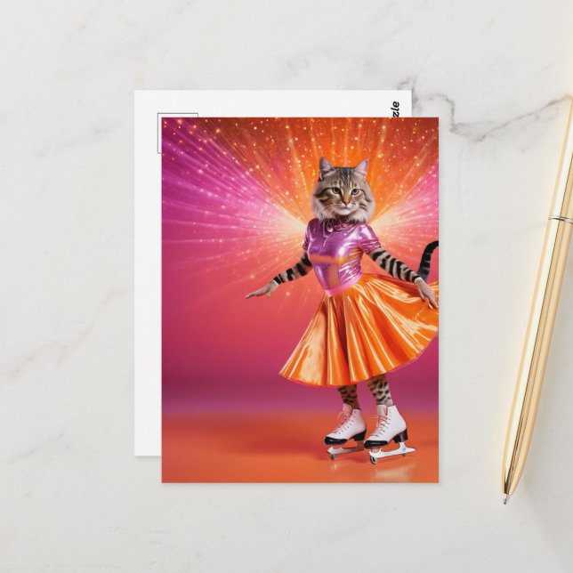 Carte Postale Chat de patinage sur glace adorable en rose orange (Devant/Arrière en situation)