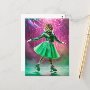 Carte Postale Chat de patinage sur glace adorable en vert