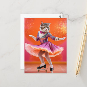 Carte Postale Chat de patinage sur glace en rose