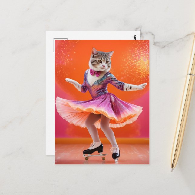Carte Postale Chat de patinage sur glace en rose (Devant/Arrière en situation)
