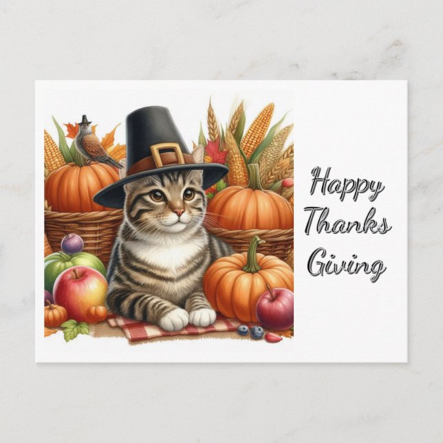 Carte Postale Chat de pèlerin de Thanksgiving et Citrouilles (Devant)