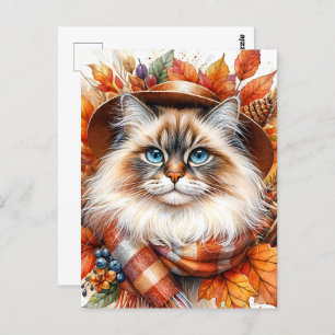 Carte Postale Chat De Poupée En Écharpe D'Automne Avec Feuilles