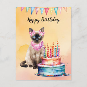 Carte Postale Chat de Siamese en Spa avec gâteau d'anniversaire