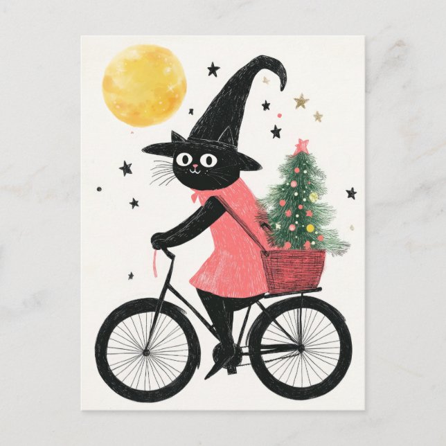 Carte Postale Chat de sorcière à vélo avec arbre de Noël Quirky  (Devant)