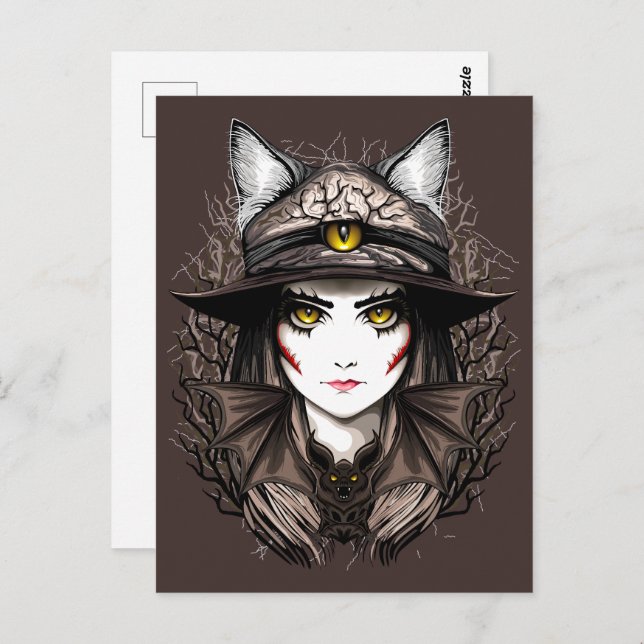 Carte Postale Chat de sorcière Halloween Déplaisant Portrait mig (Devant / Derrière)