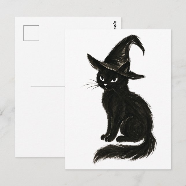 Carte Postale Chat de sorcière – Illustration d'Halloween à l'en (Devant / Derrière)