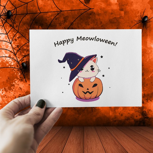 Carte Postale Chat de sorcière Kawaii adorable dans une citrouil (Créateur téléchargé)