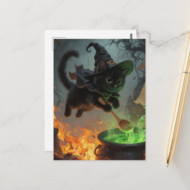 Carte Postale Chat de sorcière noir adorable faisant des potions (Devant/Arrière en situation)
