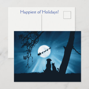 Carte Postale Chat de vacances Chien et Père Noël