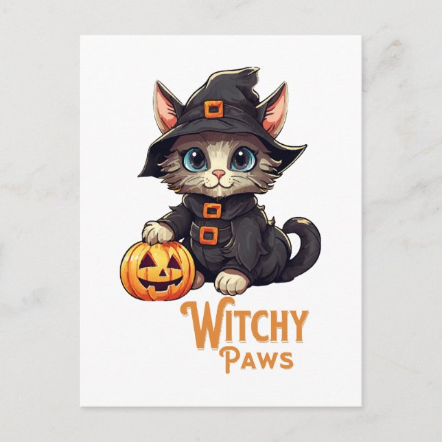 Carte Postale Chat d'Halloween aux pattes de sorcière (Devant)