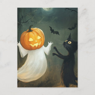 Carte Postale Chat d'Halloween et fantôme