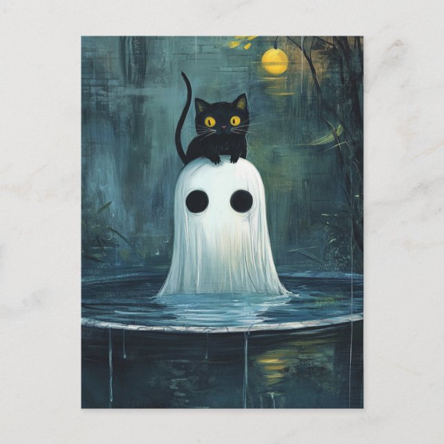 Carte Postale Chat d'Halloween et fantôme dans la piscine (Devant)