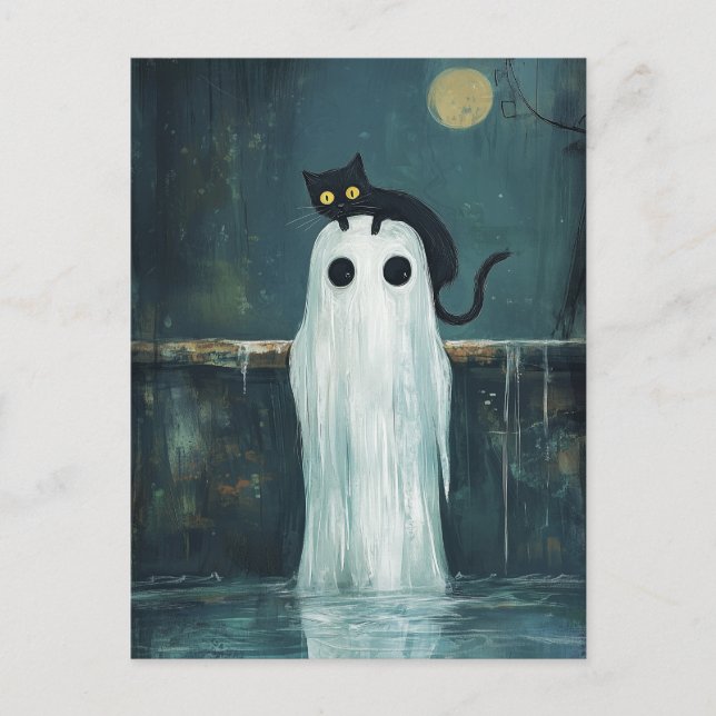 Carte Postale Chat d'Halloween et fantôme dans la piscine (Devant)