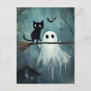 Carte Postale Chat d'Halloween et fantôme volent dans la chambre